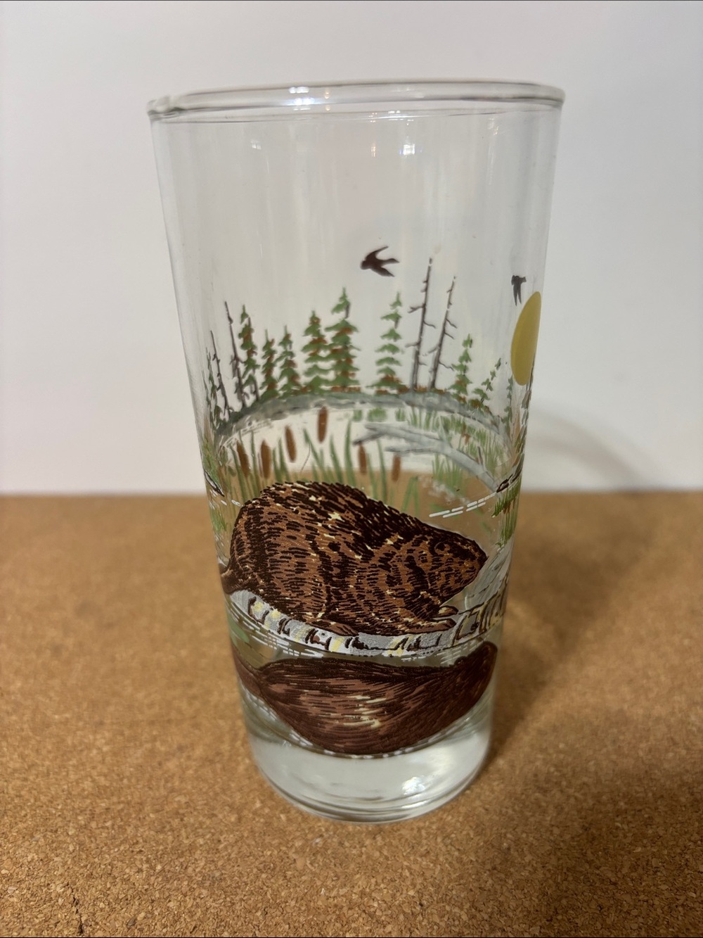 Beaver Scene Decorative Glass - Brown and Green 5.5” Vintage Irving